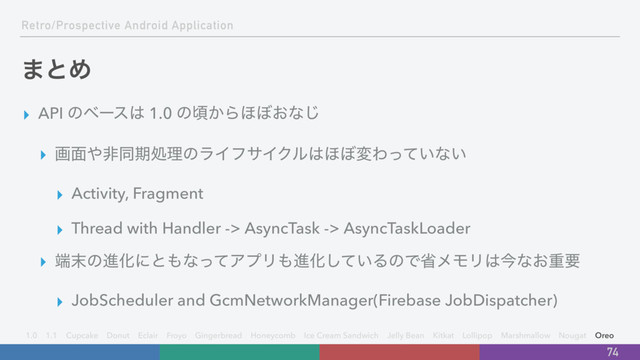 Retro/Prospective Android Application
·ͱΊ
▸ API ͷϕʔε͸ 1.0 ͷࠒ͔Β΄΅͓ͳ͡
▸ ը໘΍ඇಉظॲཧͷϥΠϑαΠΫϧ͸΄΅มΘ͍ͬͯͳ͍
▸ Activity, Fragment
▸ Thread with Handler -> AsyncTask -> AsyncTaskLoader
▸ ୺຤ͷਐԽʹͱ΋ͳͬͯΞϓϦ΋ਐԽ͍ͯ͠ΔͷͰলϝϞϦ͸ࠓͳ͓ॏཁ
▸ JobScheduler and GcmNetworkManager(Firebase JobDispatcher)
74
1.0 1.1 Cupcake Donut Eclair Froyo Gingerbread Honeycomb Ice Cream Sandwich Jelly Bean Kitkat Lollipop Marshmallow Nougat Oreo
