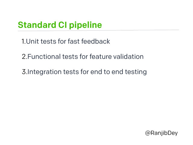 Standard CI pipeline
@RanjibDey
1.Unit tests for fast feedback
2.Functional tests for feature validation
3.Integration tests for end to end testing
