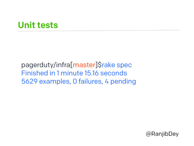 Unit tests
@RanjibDey
pagerduty/infra[master]$rake spec
Finished in 1 minute 15.16 seconds
5629 examples, 0 failures, 4 pending
