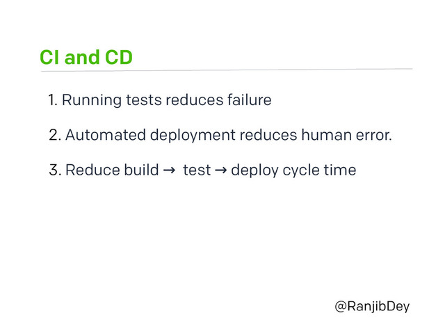 CI and CD
@RanjibDey
1. Running tests reduces failure
2. Automated deployment reduces human error.
3. Reduce build test deploy cycle time
→ →
