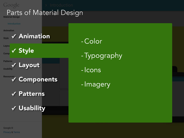 Parts of Material Design
✓ Animation
✓ Style
✓ Layout
✓ Components
✓ Patterns
✓ Usability
-Color
-Typography
-Icons
-Imagery
