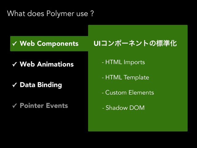 - HTML Imports
- HTML Template
- Custom Elements
- Shadow DOM
UIίϯϙʔωϯτͷඪ४Խ
✓ Web Components
✓ Web Animations
✓ Pointer Events
✓ Data Binding
What does Polymer use ?
