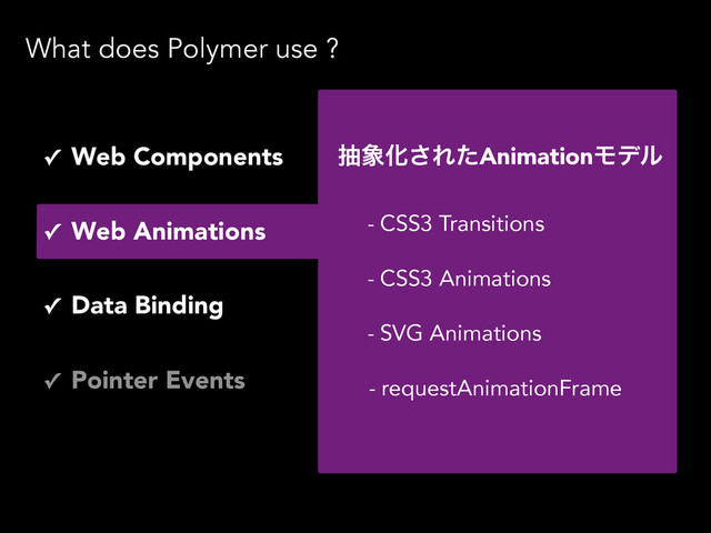 - CSS3 Transitions
- CSS3 Animations
- SVG Animations
- requestAnimationFrame
ந৅Խ͞ΕͨAnimationϞσϧ
✓ Web Components
✓ Web Animations
✓ Pointer Events
✓ Data Binding
What does Polymer use ?
