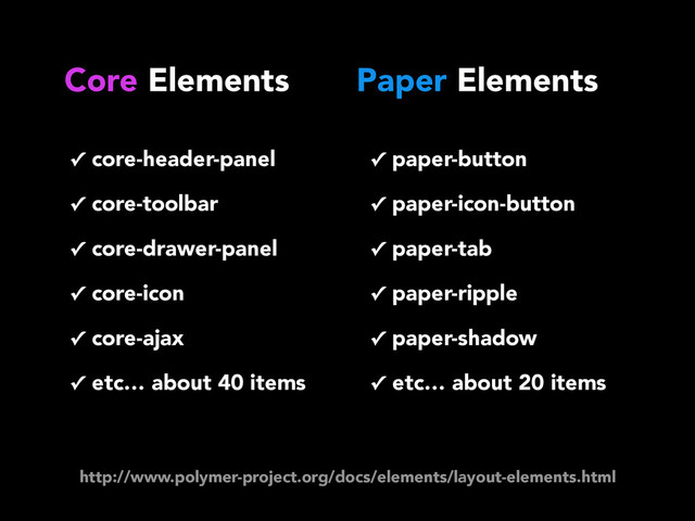 Core Elements Paper Elements
✓ core-header-panel
✓ core-toolbar
✓ core-drawer-panel
✓ core-icon
✓ core-ajax
✓ etc… about 40 items
✓ paper-button
✓ paper-icon-button
✓ paper-tab
✓ paper-ripple
✓ paper-shadow
✓ etc… about 20 items
http://www.polymer-project.org/docs/elements/layout-elements.html
