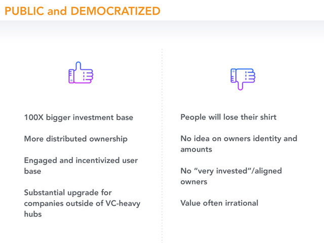 100X bigger investment base
More distributed ownership
Engaged and incentivized user
base
Substantial upgrade for
companies outside of VC-heavy
hubs
People will lose their shirt
No idea on owners identity and
amounts
No “very invested”/aligned
owners
Value often irrational
PUBLIC and DEMOCRATIZED
