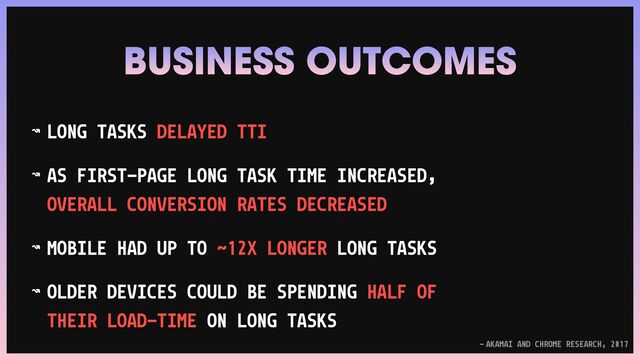 ↝ LONG TASKS DELAYED TTI


↝ AS FIRST-PAGE LONG TASK TIME INCREASED,
OVERALL CONVERSION RATES DECREASED


↝ MOBILE HAD UP TO ˜12X LONGER LONG TASKS


↝ OLDER DEVICES COULD BE SPENDING HALF OF
THEIR LOAD-TIME ON LONG TASKS
BUSINESS OUTCOMES
— AKAMAI AND CHROME RESEARCH, 2017
