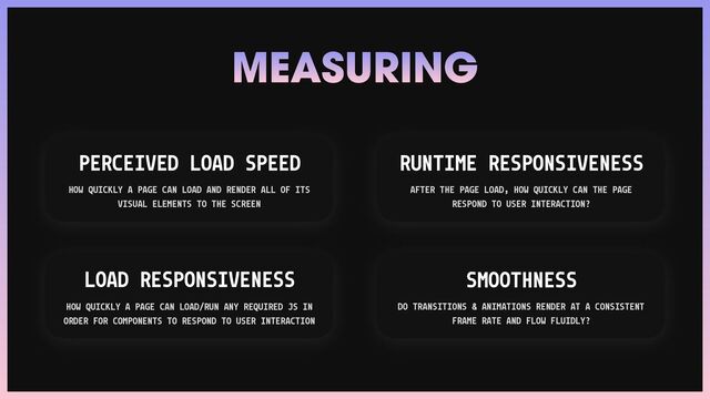MEASURING
PERCEIVED LOAD SPEED
HOW QUICKLY A PAGE CAN LOAD AND RENDER ALL OF ITS
VISUAL ELEMENTS TO THE SCREEN
LOAD RESPONSIVENESS
HOW QUICKLY A PAGE CAN LOAD/RUN ANY REQUIRED JS IN
ORDER FOR COMPONENTS TO RESPOND TO USER INTERACTION
RUNTIME RESPONSIVENESS
AFTER THE PAGE LOAD, HOW QUICKLY CAN THE PAGE
RESPOND TO USER INTERACTION?
SMOOTHNESS
DO TRANSITIONS & ANIMATIONS RENDER AT A CONSISTENT
FRAME RATE AND FLOW FLUIDLY?

