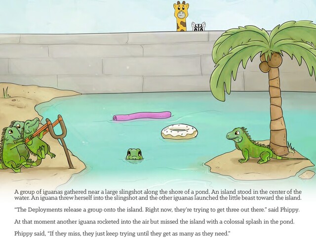 A group of iguanas gathered near a large slingshot along the shore of a pond. An island stood in the center of the
water. An iguana threw herself into the slingshot and the other iguanas launched the little beast toward the island.
“The Deployments release a group onto the island. Right now, they’re trying to get three out there.” said Phippy.
At that moment another iguana rocketed into the air but missed the island with a colossal splash in the pond.
Phippy said, “If they miss, they just keep trying until they get as many as they need.”
