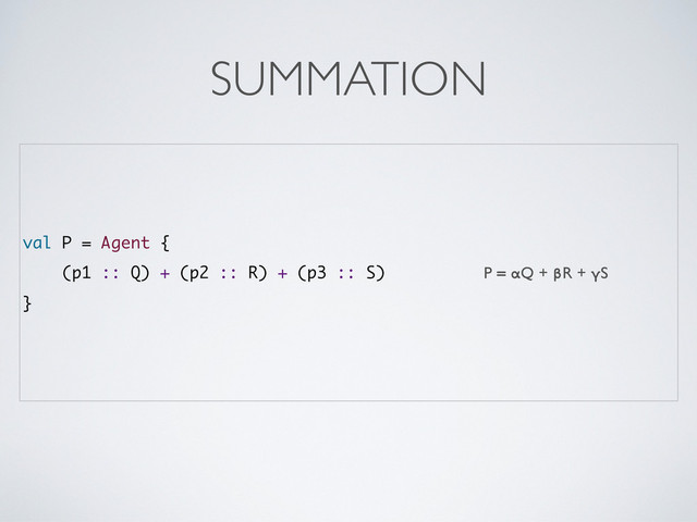 val P = Agent {
(p1 :: Q) + (p2 :: R) + (p3 :: S) P = αQ + βR + γS
}
SUMMATION
