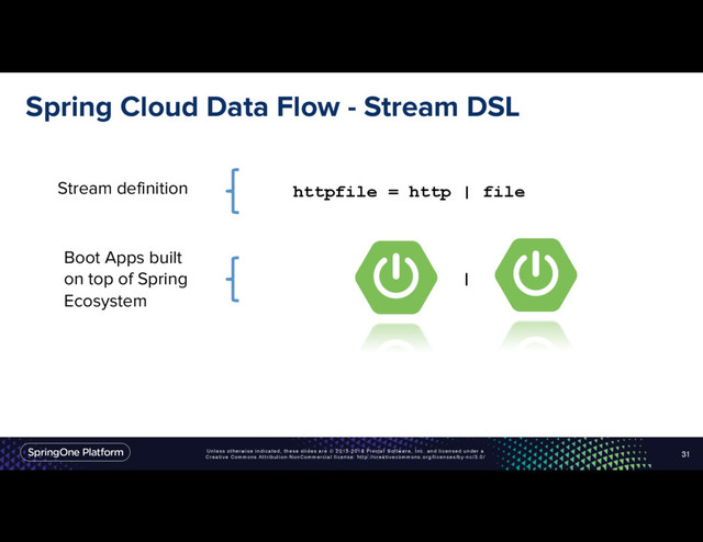 Unless otherwise indicated, these slides are © 2013-2016 Pivotal Software, Inc. and licensed under a
Creative Commons Attribution-NonCommercial license: http://creativecommons.org/licenses/by-nc/3.0/
Spring Cloud Data Flow - Stream DSL
31
Stream definition
Boot Apps built
on top of Spring
Ecosystem
httpfile = http | file
|
