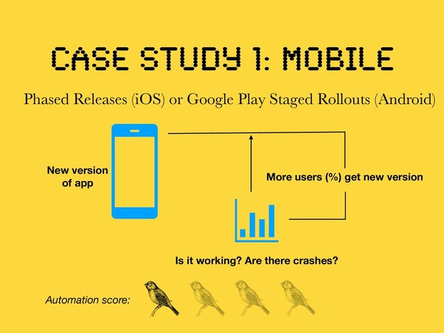 CASE STUDY 1: mobile
Phased Releases (iOS) or Google Play Staged Rollouts (Android)
More users (%) get new version
Is it working? Are there crashes?
New version
of app
Automation score:
