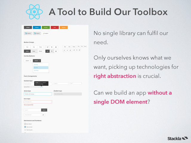 A Tool to Build Our Toolbox
Only ourselves knows what we
want, picking up technologies for
right abstraction is crucial.
No single library can fulﬁl our
need.
Can we build an app without a
single DOM element?
