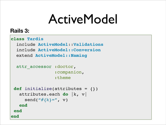 ActiveModel
class Tardis!
include ActiveModel::Validations!
include ActiveModel::Conversion!
extend ActiveModel::Naming!
!
attr_accessor :doctor, !
:companion, !
:theme!
!
def initialize(attributes = {})!
attributes.each do |k, v|!
send(“#{k}=”, v)!
end!
end!
end
Rails 3:
