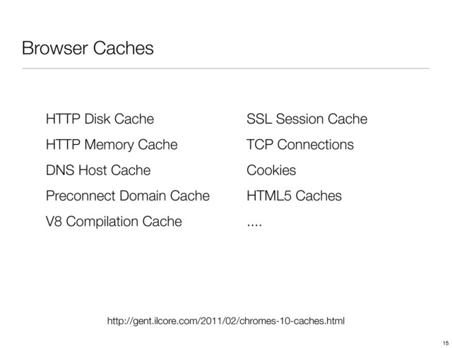 Browser Caches
http://gent.ilcore.com/2011/02/chromes-10-caches.html
HTTP Disk Cache
HTTP Memory Cache
DNS Host Cache
Preconnect Domain Cache
V8 Compilation Cache
SSL Session Cache
TCP Connections
Cookies
HTML5 Caches
....
15
