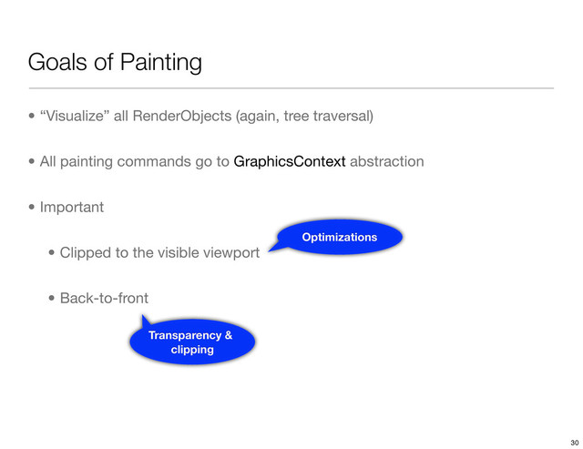 Goals of Painting
• “Visualize” all RenderObjects (again, tree traversal)
• All painting commands go to GraphicsContext abstraction
• Important
• Clipped to the visible viewport
• Back-to-front
Optimizations
Transparency &
clipping
30
