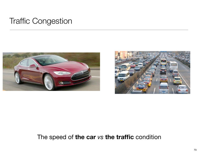Trafﬁc Congestion
The speed of the car vs the trafﬁc condition
73
