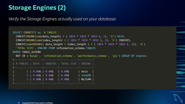 Storage Engines (2)
Verify the Storage Engines actually used on your database:
SELECT
SELECT COUNT
COUNT(
(*
*)
) as
as '# TABLES'
'# TABLES',
,
CONCAT
CONCAT(
(ROUND
ROUND(
(sum
sum(
(data_length
data_length)
) /
/ (
( 1024
1024 *
* 1024
1024 *
* 1024
1024 )
),
, 2
2)
),
, 'G'
'G')
) DATA
DATA,
,
CONCAT
CONCAT(
(ROUND
ROUND(
(sum
sum(
(index_length
index_length)
) /
/ (
( 1024
1024 *
* 1024
1024 *
* 1024
1024 )
),
, 2
2)
),
, 'G'
'G')
) INDEXES
INDEXES,
,
CONCAT
CONCAT(
(sum
sum(
(ROUND
ROUND(
((
( data_length
data_length +
+ index_length
index_length )
) /
/ (
( 1024
1024 *
* 1024
1024 *
* 1024
1024 )
),
, 2
2)
))
),
, 'G'
'G')
)
'TOTAL SIZE'
'TOTAL SIZE',
, ENGINE
ENGINE FROM
FROM information_schema
information_schema.
.TABLES
TABLES
WHERE
WHERE TABLE_SCHEMA
TABLE_SCHEMA
NOT
NOT IN
IN (
('mysql'
'mysql',
, 'information_schema'
'information_schema',
, 'performance_schema'
'performance_schema',
, 'sys'
'sys')
) GROUP
GROUP BY
BY engine
engine;
;
+
+----------+-------+---------+------------+--------+
----------+-------+---------+------------+--------+
|
| # TABLES | DATA | INDEXES | TOTAL SIZE | ENGINE |
# TABLES | DATA | INDEXES | TOTAL SIZE | ENGINE |
+
+----------+-------+---------+------------+--------+
----------+-------+---------+------------+--------+
|
| 1
1 |
| 0.00
0.00G
G |
| 0.00
0.00G
G |
| 0.00
0.00G
G |
| Aria
Aria |
|
|
| 5
5 |
| 0.00
0.00G
G |
| 0.00
0.00G
G |
| 0.00
0.00G
G |
| InnoDB
InnoDB |
|
|
| 1
1 |
| 0.00
0.00G
G |
| 0.00
0.00G
G |
| 0.00
0.00G
G |
| MyISAM
MyISAM |
|
+
+----------+-------+---------+------------+--------+
----------+-------+---------+------------+--------+
Copyright @ 2023 Oracle and/or its aﬃliates.
44
