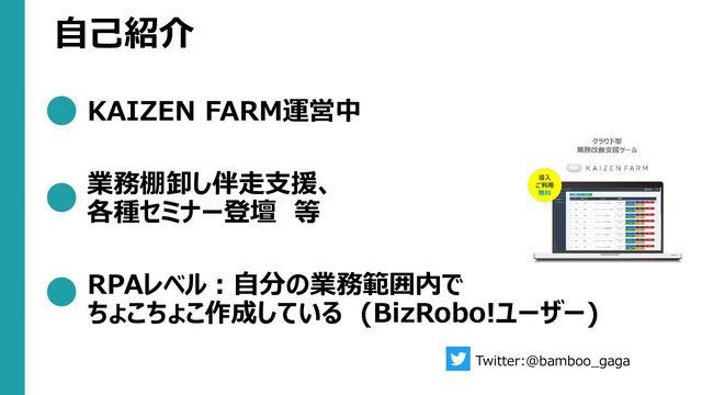自己紹介
KAIZEN FARM運営中
業務棚卸し伴走支援、
各種セミナー登壇 等
RPAレベル：自分の業務範囲内で
ちょこちょこ作成している (BizRobo!ユーザー)
Twitter:@bamboo_gaga
