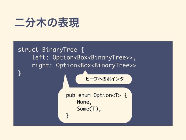 ೋ෼໦ͷදݱ
struct BinaryTree {
left: Option>,
right: Option>
}
ώʔϓ΁ͷϙΠϯλ
pub enum Option {
None,
Some(T),
}

