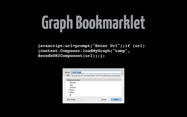 Graph Bookmarklet
javascript:url=prompt("Enter Url");if (url)
{content.Composer.loadMyGraph("temp",
decodeURIComponent(url));};
