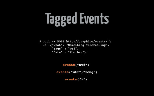 Tagged Events
$ curl -X POST http://graphite/events/ \
-d '{"what": "Something Interesting",
"tags" : "wtf",
"data" : "foo bar"}'
events(“wtf”)
events(“wtf”,”zomg”)
events(“*”)
