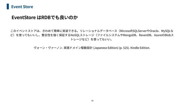 EventStore RDB
Event Store
55
MicrosoftSQLServer Oracle MySQL
NoSQL MongoDB RavenDB Azure Blob


. (Japanese Edition) (p.
52 5
). Kindle Edition.

