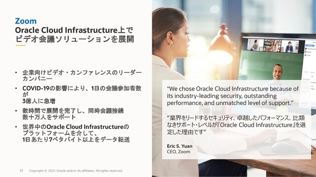 Zoom
Oracle Cloud Infrastructure上で
ビデオ会議ソリューションを展開
• 企業向けビデオ・カンファレンスのリーダー
カンパニー
• COVID-19の影響により、1日の会議参加者数
が
3億人に急増
• 数時間で展開を完了し、同時会議接続
数十万人をサポート
• 世界中のOracle Cloud Infrastructureの
プラットフォームを介して、
1日あたり7ペタバイト以上をデータ転送
“We chose Oracle Cloud Infrastructure because of
its industry-leading security, outstanding
performance, and unmatched level of support.”
“業界をリードするセキュリティ、卓越したパフォーマンス、比類
なきサポート・レベルが『Oracle Cloud Infrastructure』を選
定した理由です"
Eric S. Yuan
CEO, Zoom
Copyright © 2021 Oracle and/or its affiliates. All rights reserved.
33
