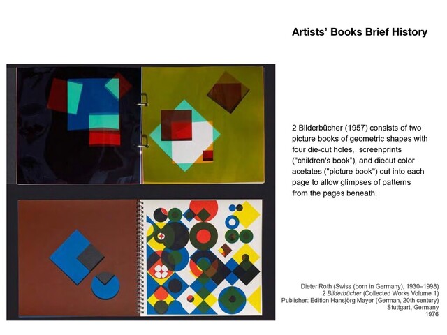 2 Bilderbücher (1957) consists of two
picture books of geometric shapes with
four die-cut holes, screenprints
("children's book”), and diecut color
acetates ("picture book") cut into each
page to allow glimpses of patterns
from the pages beneath.
Dieter Roth (Swiss (born in Germany), 1930–1998) 
2 Bilderbücher (Collected Works Volume 1) 
Publisher: Edition Hansjörg Mayer (German, 20th century) 
Stuttgart, Germany  
1976
Artists’ Books Brief History
