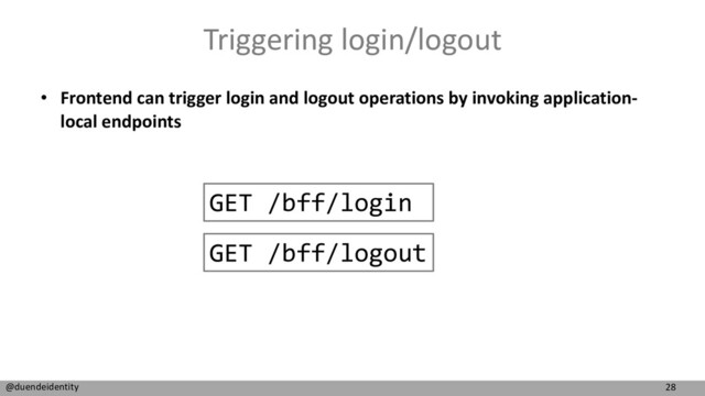 28
@duendeidentity
Triggering login/logout
• Frontend can trigger login and logout operations by invoking application-
local endpoints
GET /bff/login
GET /bff/logout
