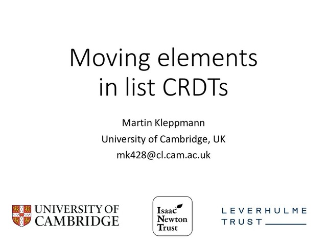 Moving elements
in list CRDTs
Martin Kleppmann
University of Cambridge, UK
mk428@cl.cam.ac.uk
