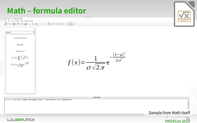 11
HKOSCon 2020
Math – formula editor
Sample from Math itself
