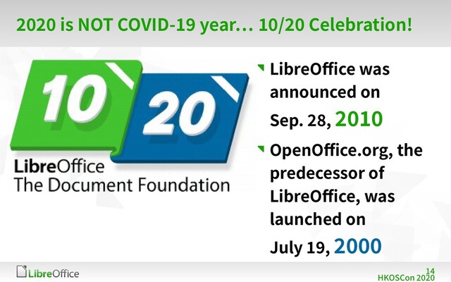 14
HKOSCon 2020
2020 is NOT COVID-19 year… 10/20 Celebration!
LibreOffice was
announced on
Sep. 28, 2010
OpenOffice.org, the
predecessor of
LibreOffice, was
launched on
July 19, 2000
