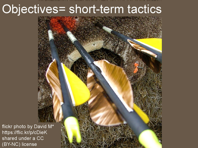 Objectives= short-term tactics
flickr photo by David M*
https://flic.kr/p/cDieK
shared under a CC
(BY-NC) license
