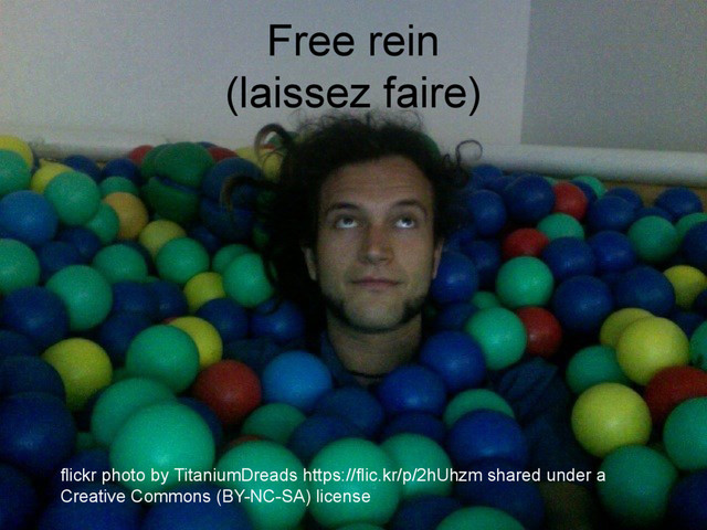 Free rein
(laissez faire)
flickr photo by TitaniumDreads https://flic.kr/p/2hUhzm shared under a
Creative Commons (BY-NC-SA) license
