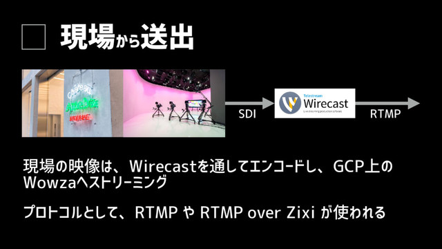 現場から
送出
現場の映像は、Wirecastを通してエンコードし、GCP上の
Wowzaへストリーミング
プロトコルとして、RTMP や RTMP over Zixi が使われる
RTMP
SDI
