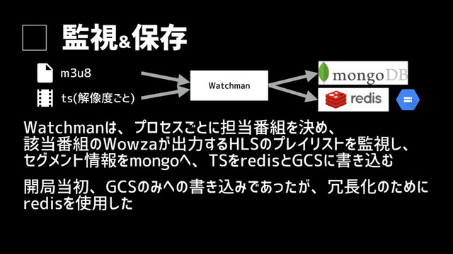 監視&
保存
Watchmanは、プロセスごとに担当番組を決め、
該当番組のWowzaが出力するHLSのプレイリストを監視し、
セグメント情報をmongoへ、TSをredisとGCSに書き込む
開局当初、GCSのみへの書き込みであったが、冗長化のために
redisを使用した
m3u8
ts(解像度ごと)
Watchman
