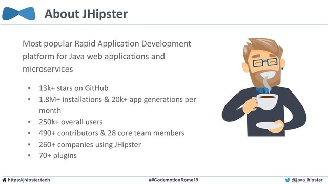 https://jhipster.tech ##CodemotionRome19 @java_hipster
About JHipster
Most popular Rapid Application Development
platform for Java web applications and
microservices
▪ 13k+ stars on GitHub
▪ 1.8M+ installations & 20k+ app generations per
month
▪ 250k+ overall users
▪ 490+ contributors & 28 core team members
▪ 260+ companies using JHipster
▪ 70+ plugins
