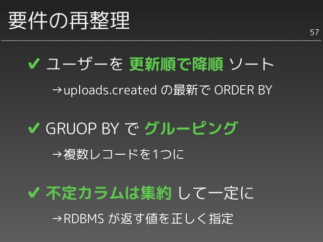 要件の再整理
✔ ユーザーを 更新順で降順 ソート
　　→uploads.created の最新で ORDER BY
✔ GRUOP BY で グルーピング
　　→複数レコードを1つに
✔ 不定カラムは集約 して一定に
　　→RDBMS が返す値を正しく指定
57

