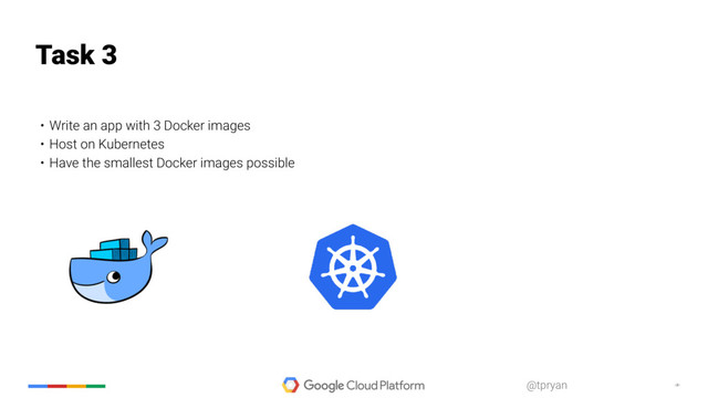 ‹#›
@tpryan
• Write an app with 3 Docker images
• Host on Kubernetes
• Have the smallest Docker images possible
Task 3
