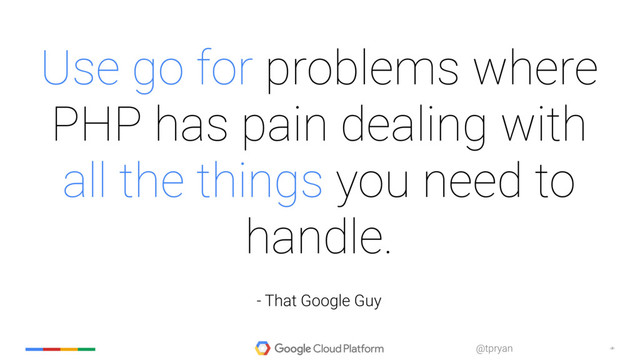 ‹#›
@tpryan
Use go for problems where
PHP has pain dealing with
all the things you need to
handle.
- That Google Guy
