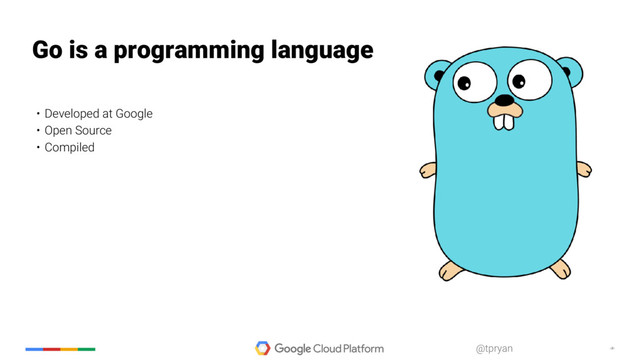 ‹#›
@tpryan
• Developed at Google
• Open Source
• Compiled
Go is a programming language
