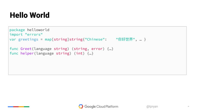 ‹#›
@tpryan
package helloworld
import "errors"
var greetings = map[string]string{"Chinese": "你好世界", … }
func Greet(language string) (string, error) {…}
func helper(language string) (int) {…}
Hello World
