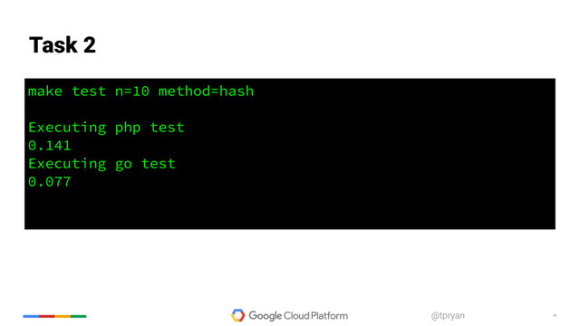‹#›
@tpryan
make test n=10 method=hash
Executing php test
0.141
Executing go test
0.077
Task 2
