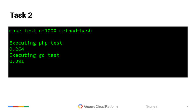 ‹#›
@tpryan
make test n=1000 method=hash
Executing php test
0.264
Executing go test
0.091
Task 2
