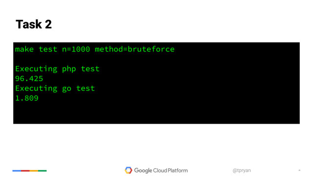‹#›
@tpryan
make test n=1000 method=bruteforce
Executing php test
96.425
Executing go test
1.809
Task 2
