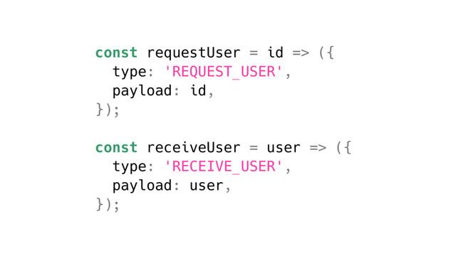 const requestUser = id => ({
type: 'REQUEST_USER',
payload: id,
});
const receiveUser = user => ({
type: 'RECEIVE_USER',
payload: user,
});
