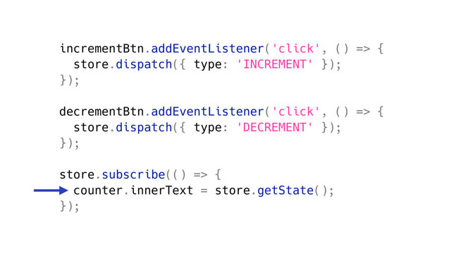 incrementBtn.addEventListener('click', () => {
store.dispatch({ type: 'INCREMENT' });
});
decrementBtn.addEventListener('click', () => {
store.dispatch({ type: 'DECREMENT' });
});
store.subscribe(() => {
counter.innerText = store.getState();
});
