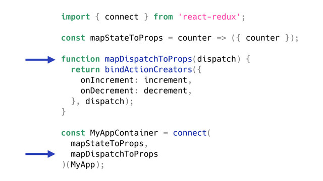 import { connect } from 'react-redux';
const mapStateToProps = counter => ({ counter });
function mapDispatchToProps(dispatch) {
return bindActionCreators({
onIncrement: increment,
onDecrement: decrement,
}, dispatch);
}
const MyAppContainer = connect(
mapStateToProps,
mapDispatchToProps
)(MyApp);
