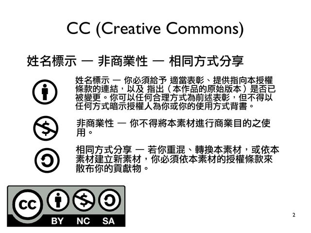 2
姓名標示 — 非商業性 — 相同方式分享
CC (Creative Commons)
姓名標示 — 你必須給予 適當表彰、提供指向本授權
條款的連結，以及 指出（本作品的原始版本）是否已
被變更。你可以任何合理方式為前述表彰，但不得以
任何方式暗示授權人為你或你的使用方式背書。
非商業性 — 你不得將本素材進行商業目的之使
用。
相同方式分享 — 若你重混、轉換本素材，或依本
素材建立新素材，你必須依本素材的授權條款來
散布你的貢獻物。
