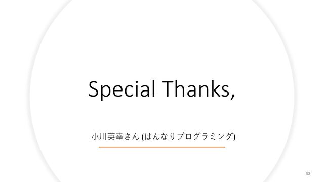 Special Thanks,
32
小川英幸さん (はんなりプログラミング)
